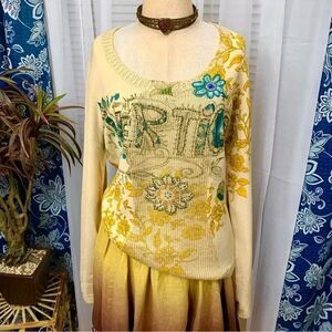 Vertigo Paris Size L Yellow Blue Silk Blend Womens Knit Crochet Embroidered Top